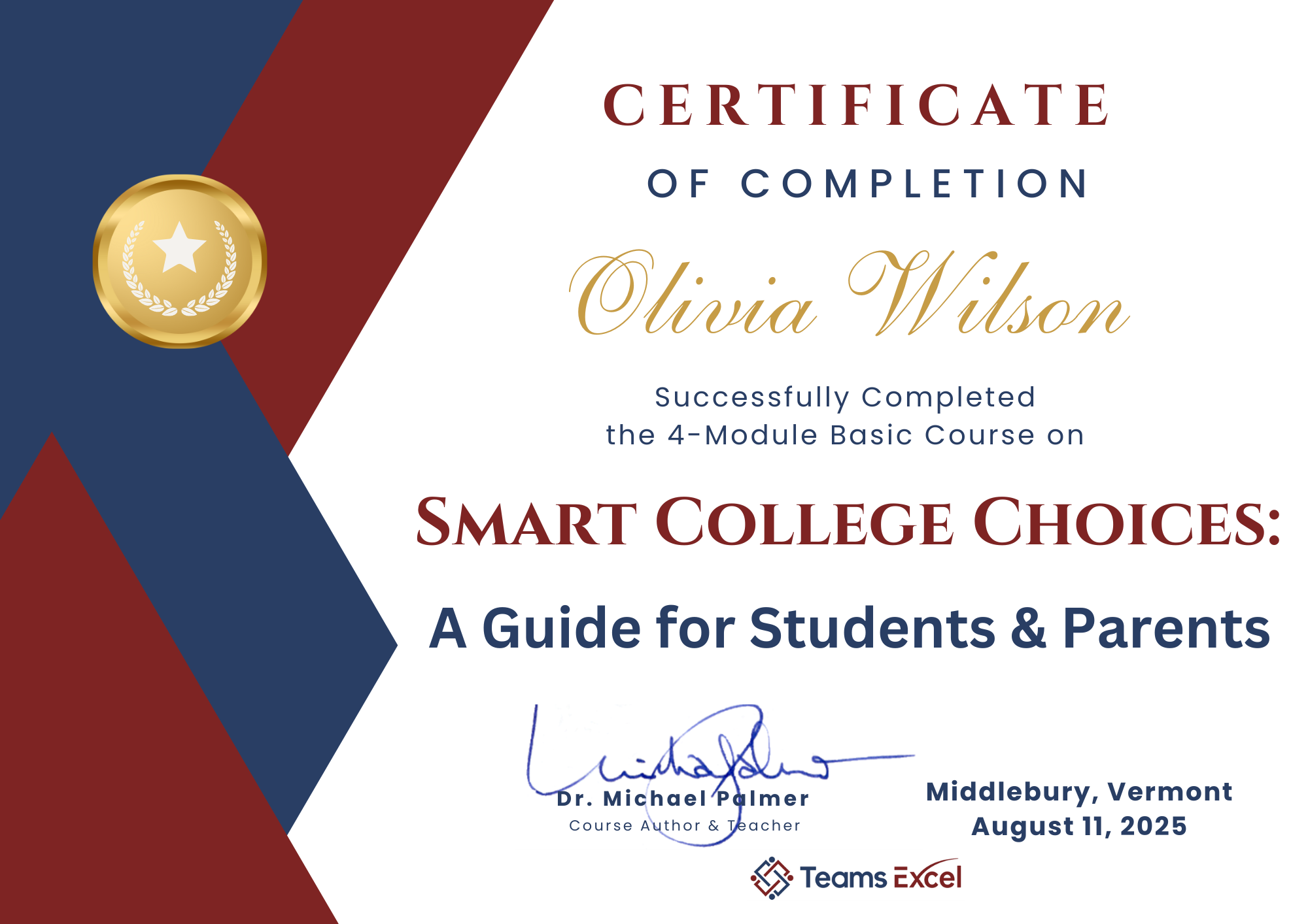 Certificate for Smart College Choices Certificate for Smart College Choices